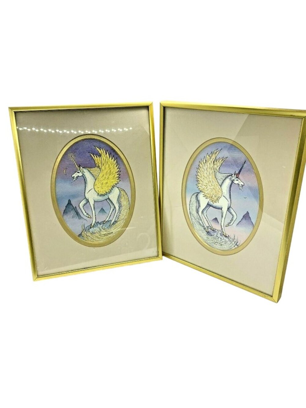 Janice Livesey 'Winged Unicorn' Watercolor Print Pair Art Framed 1986Signed VTG